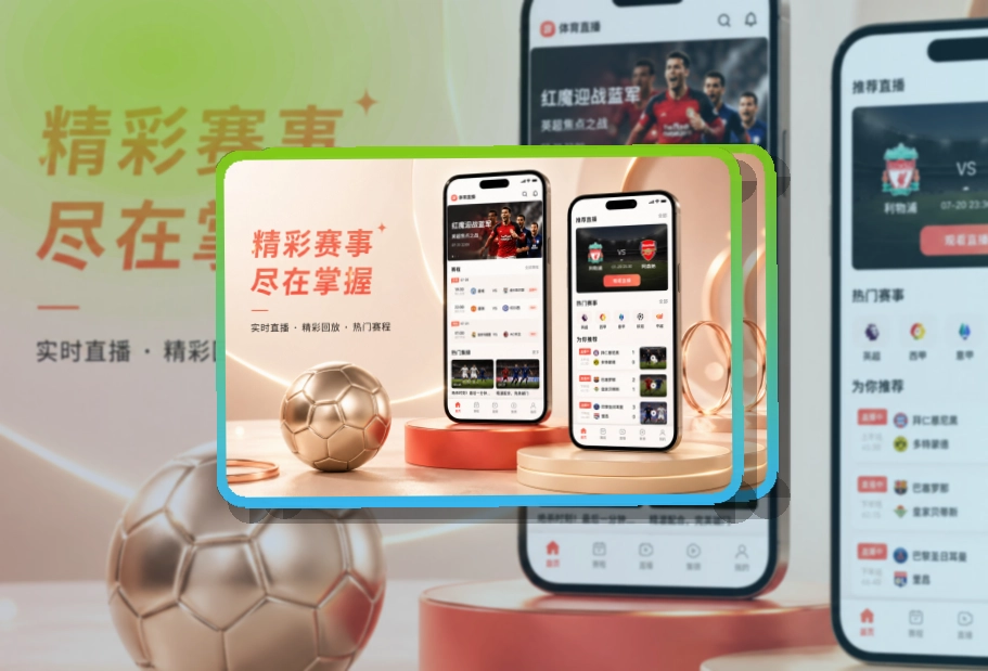 杂志式App介绍 · 手机端看球入口 · 手机追赛更顺手界面展示